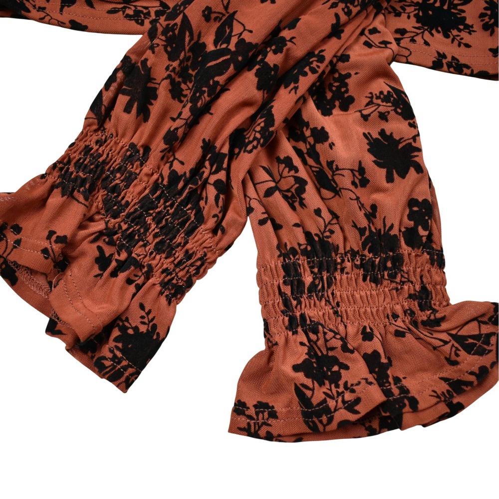 Boho Mesh Floral Blouse Top Orange Ruched Square Neck Balloon Sleeve Fall Colors - Picture 6 of 9